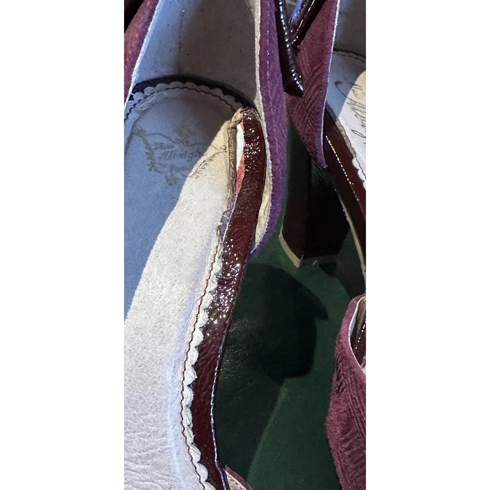 Miss Albright Burgundy Suede Pumps Plaid Peep Toe Patent Leather Heel Bow Wm 9 B